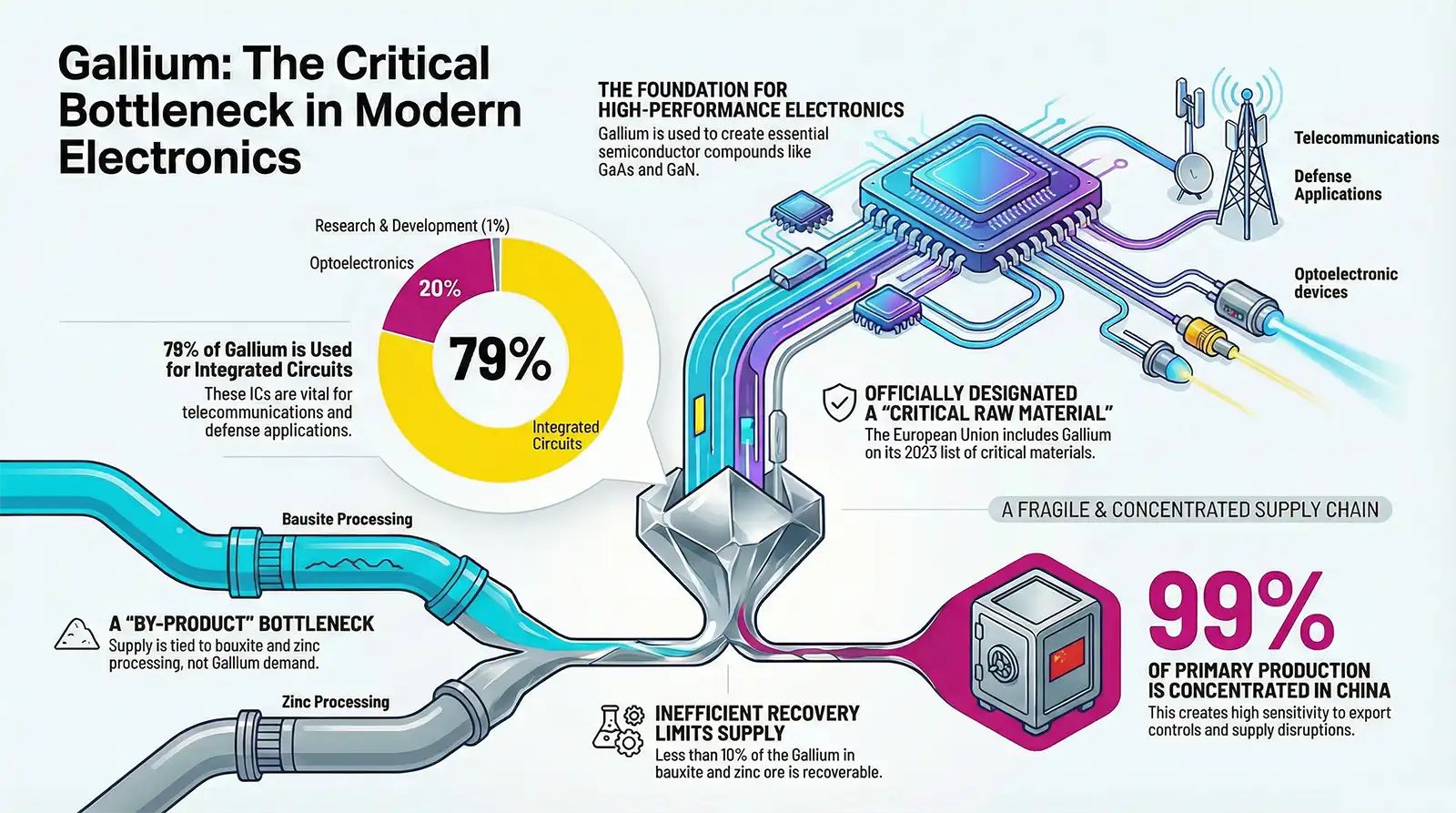 Briefing diagram summarizing Gallium’s demand split (integrated circuits vs optoelectronics), by‑product supply dependence (bauxite/zinc), recovery limits, and primary production concentration risk.