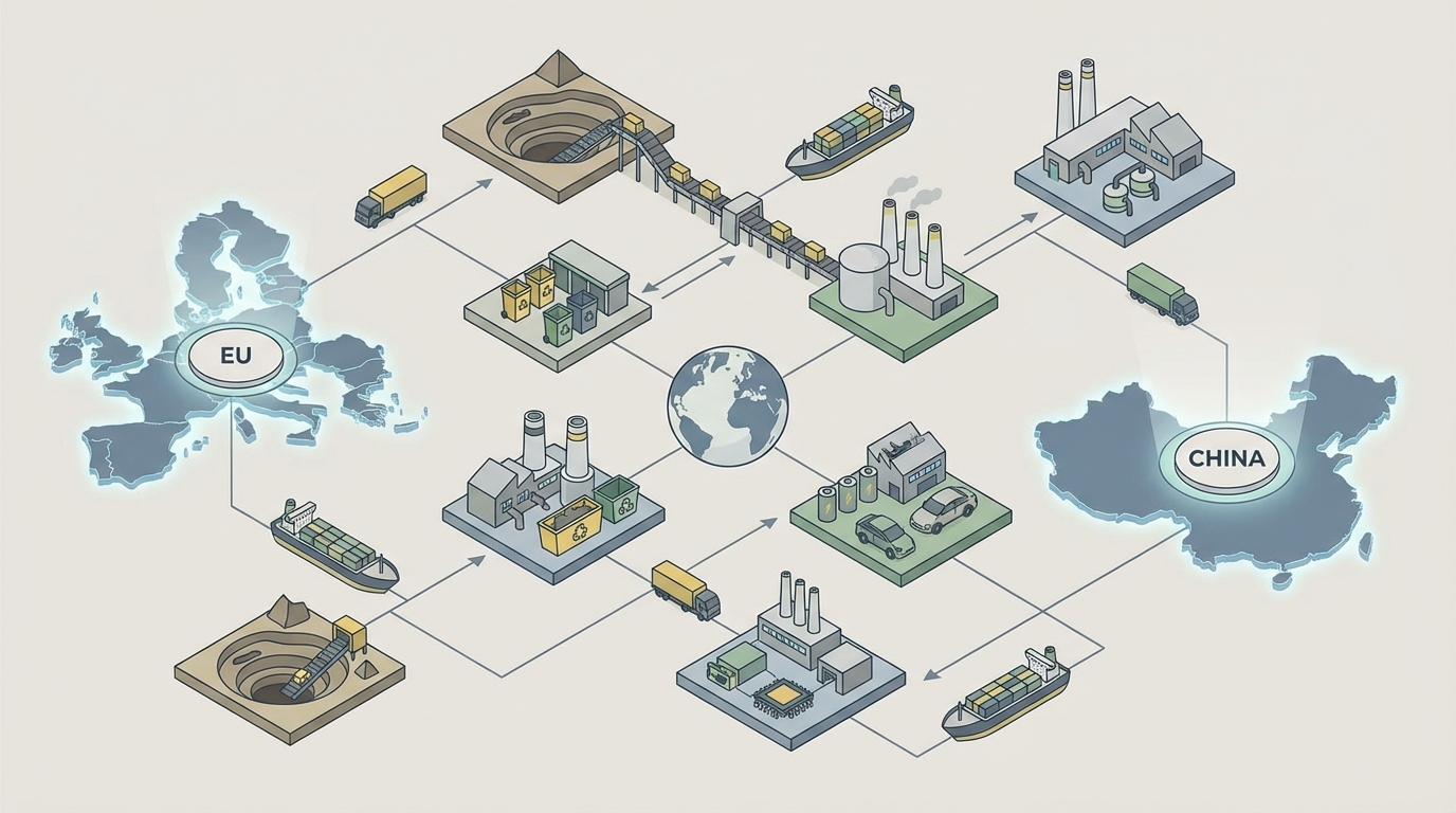 Global critical raw materials supply chain linking extraction, processing, recycling, and manufacturing across the EU and China.