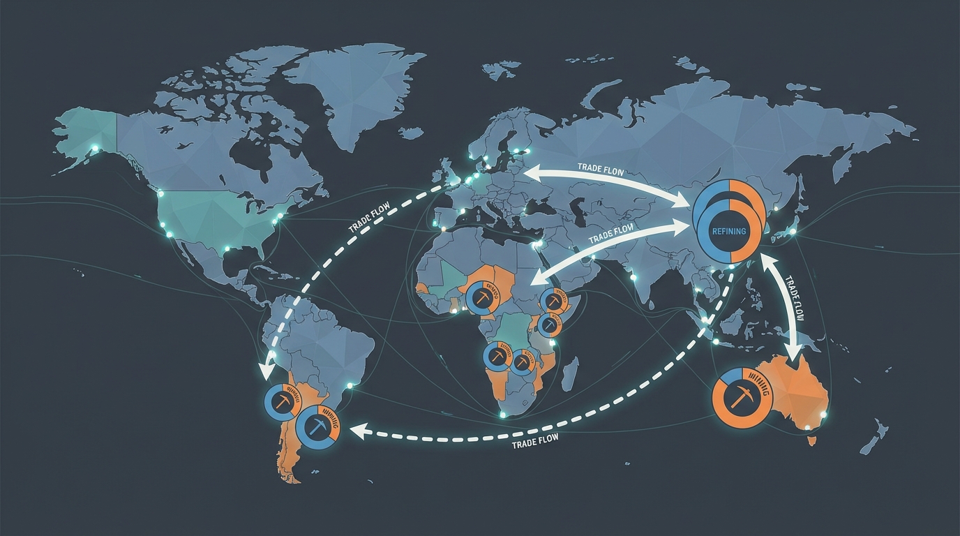 Global lithium supply chain flows from mining regions to Chinese refining hubs.