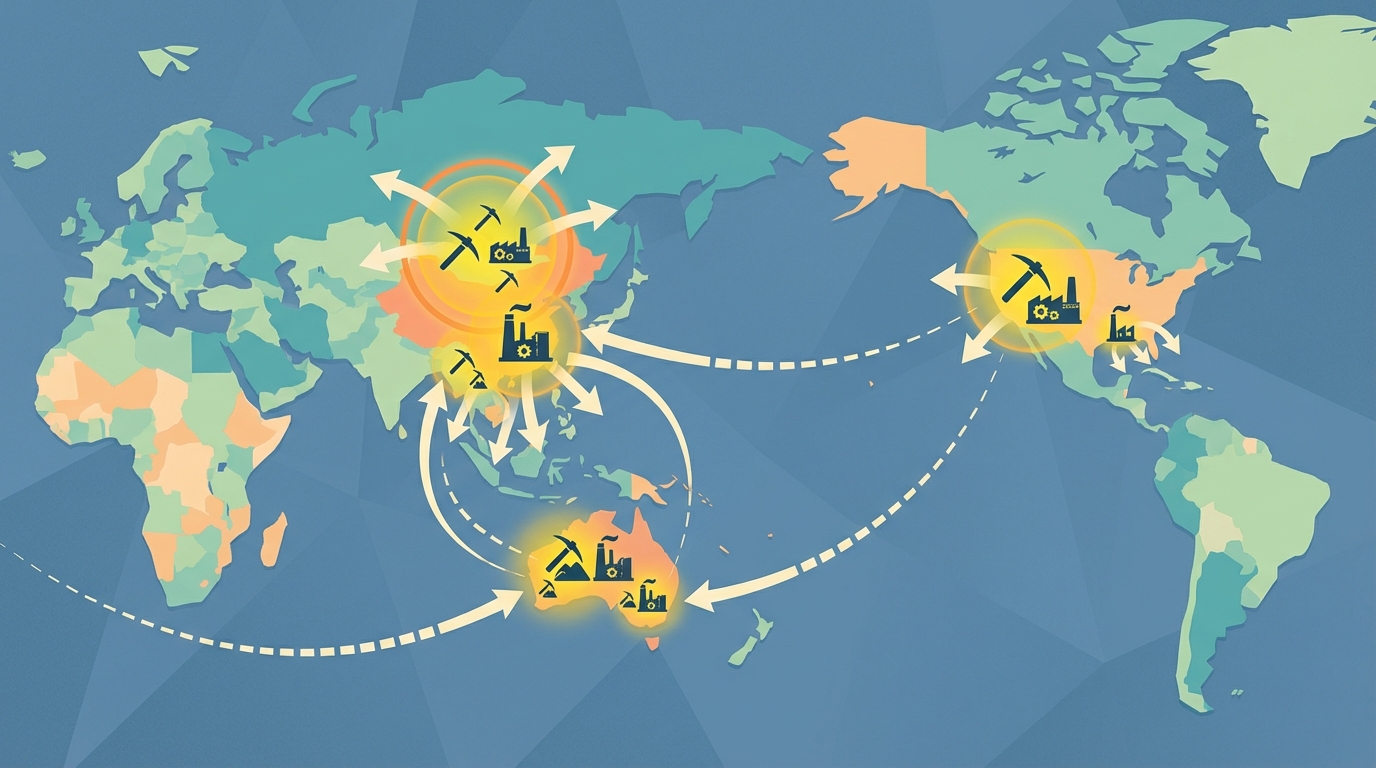 Global yttrium supply chain map showing primary mining and refining hubs.