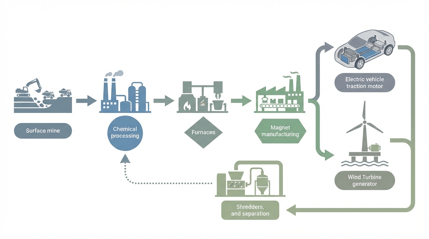 Diagramme de la chaîne d’approvisionnement des aimants NdFeB, de la mine au moteur électrique et à l’éolienne offshore.